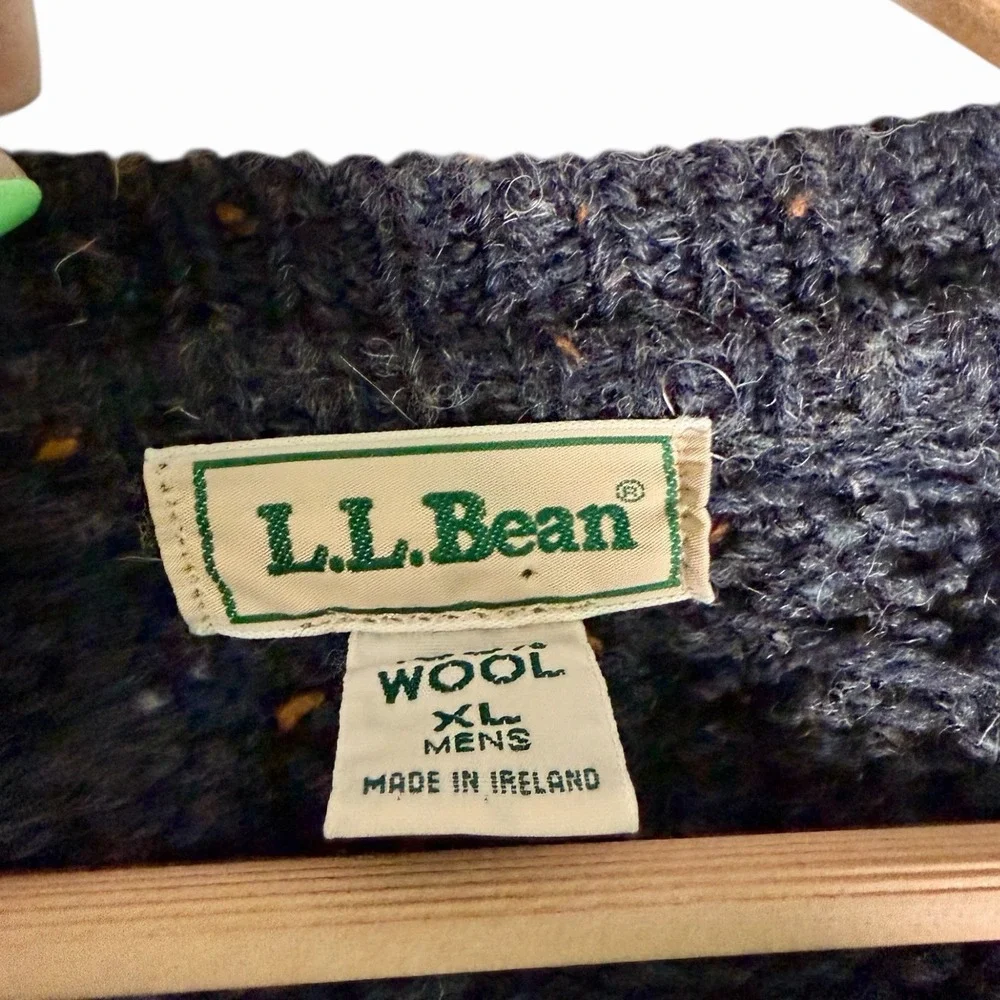 Vintage LL Bean Men's 100% Wool Chunky‎ Cardigan Leather Buttons Gray Ireland XL